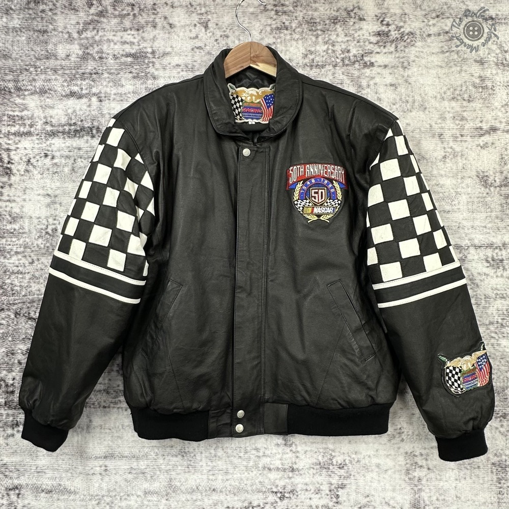 Vintage Jeff Hamilton NASCAR 50th Anniversary 1998 Leather‎ Jacket XL Checkered